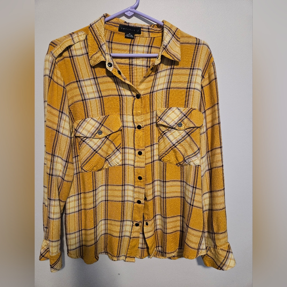 SANCTUARY Yellow Plaid Boyfriend Shirt Oversized with Roll-tab Sleeves, Medium